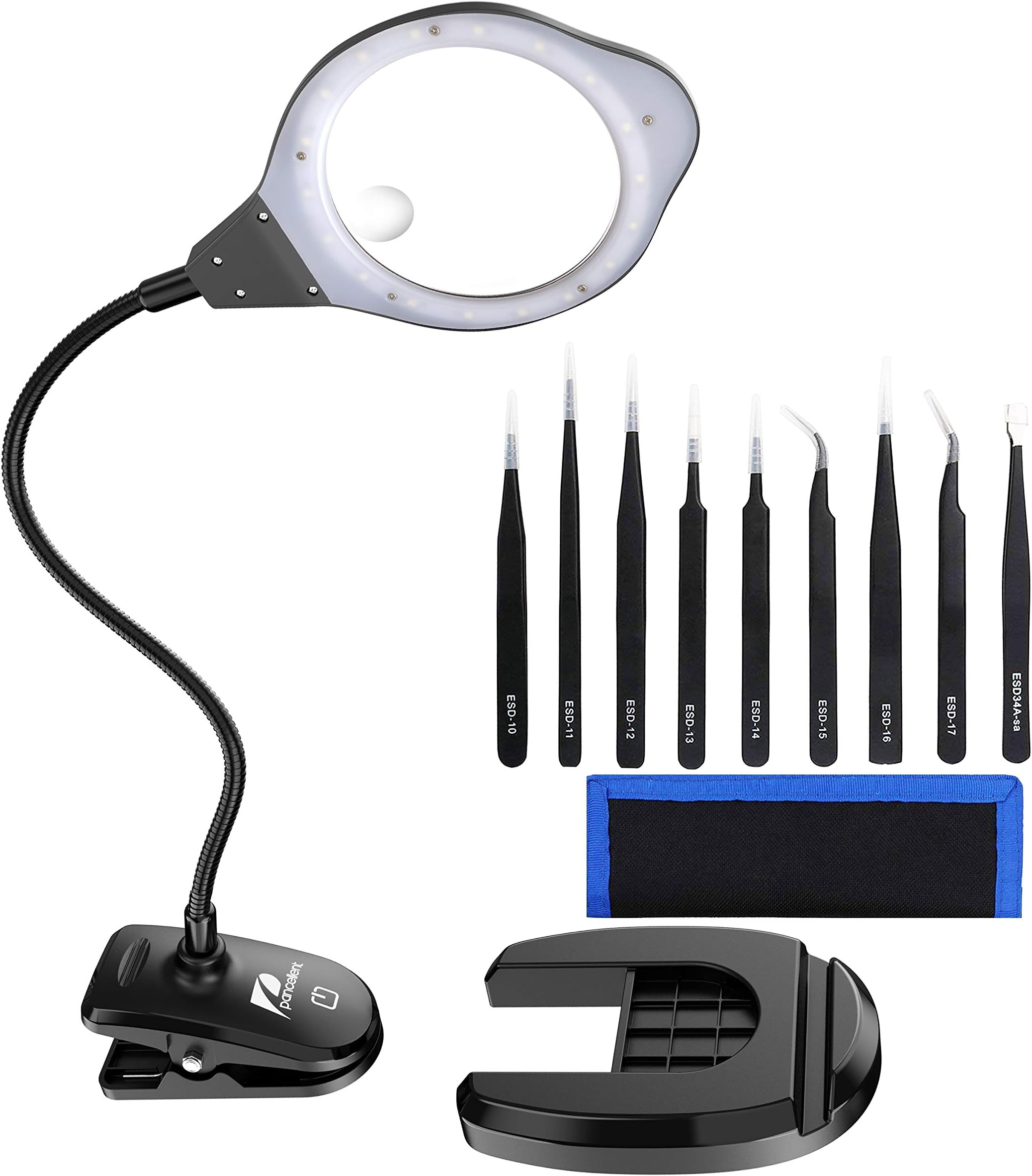 Magnifying Glass LED Lamp with Precision Tweezers Set (9 Pcs), 2X/4X Lighted Magnifier with Stand and Clamp for Desk, Sewing, Table