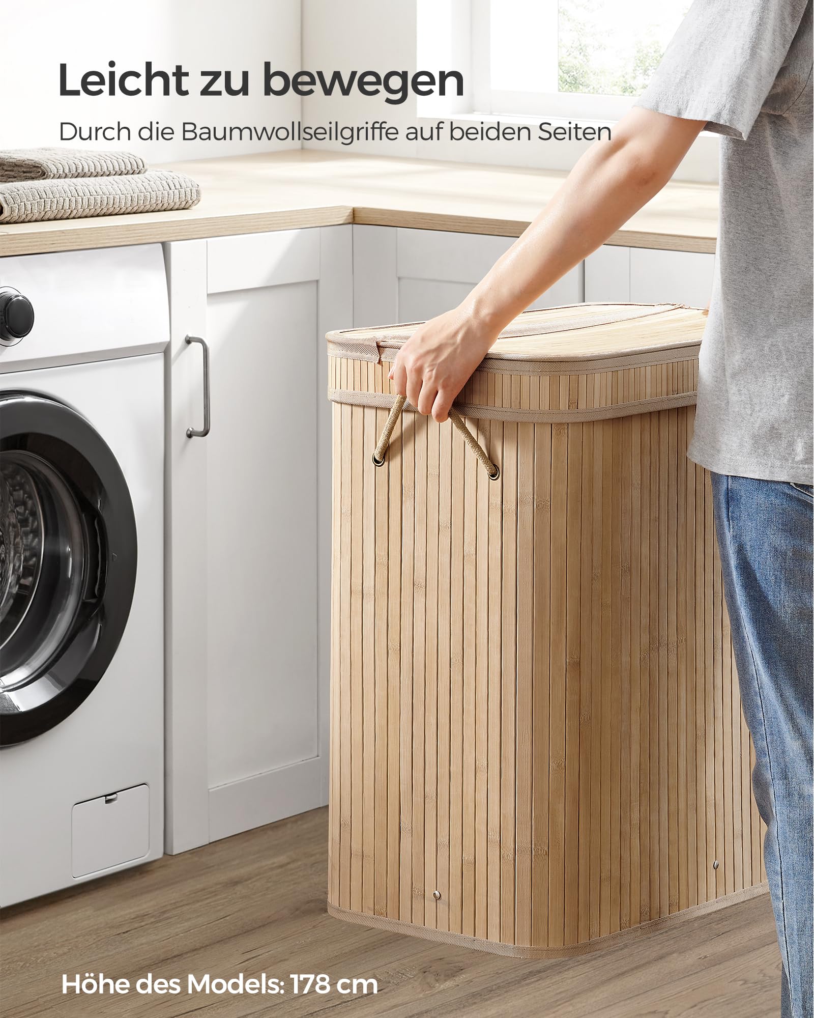 SONGMICS Wäschekorb mit Deckel, Wäschesammler Bambus, Wäschesack herausnehmbar und maschinenwaschbar, mit Griffen, 100 Liter, für Waschküche, Schlafzimmer, Wohnzimmer, naturbeige LCB063N01 9