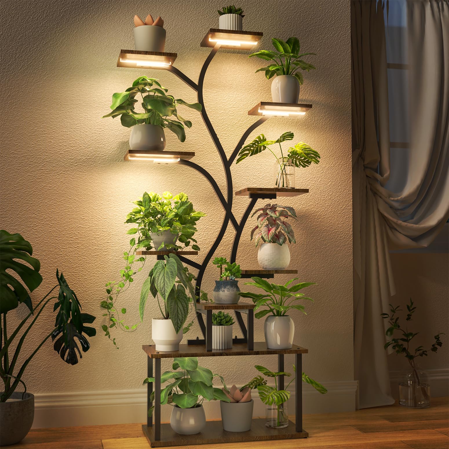 Photo 1 of **FOR PARTS. FINAL SALE. MISSING
PIECES. NO RETURN. NO REFUND**
Bstrip 63 Inch Plant Stand with Grow Light, 10-Tier Plant Shelf for Indoor Plants, Decor Tree Shaped Flower Stand for Home, Corner & Patio