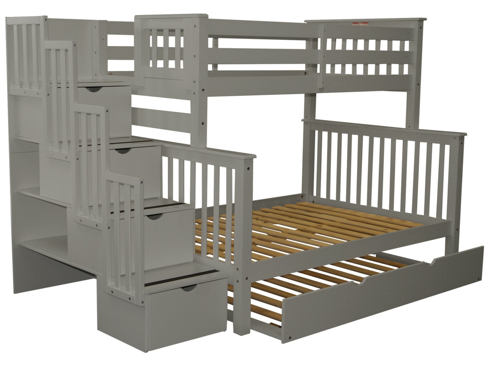 Bedz King Stairway Bunk Beds Twin over Full with 4 Drawers in the Steps and a Twin Trundle, Gray