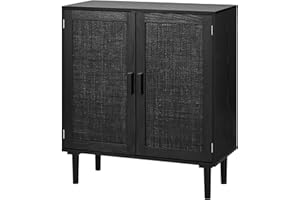 VEVOR Rattan Cabinet, Rattan Storage Cabinet with 2 Magnetic Doors and Adjustable Shelves, Accent Sideboard Buffet with Woode