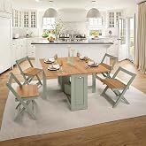 SECONIQUE Santos Butterfly Folding Dining Table Set with 4 Chairs &ndash; Space-Saving Table with Nesting Chairs and Storage Shelf &ndash; Green &amp; Distressed Pine Finish