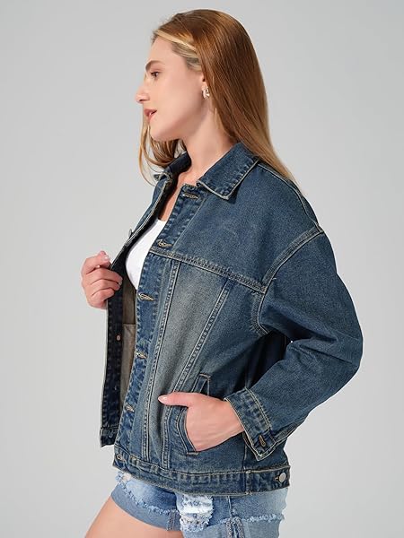 ROSWEAR WOMEN’S DENIM JACKETS OVERSIZED BUTTON LONG SLEEVE WASHED JEAN TRUCKER JACKET WITH POCKETS FADED DENIM BLUE MEDIUM