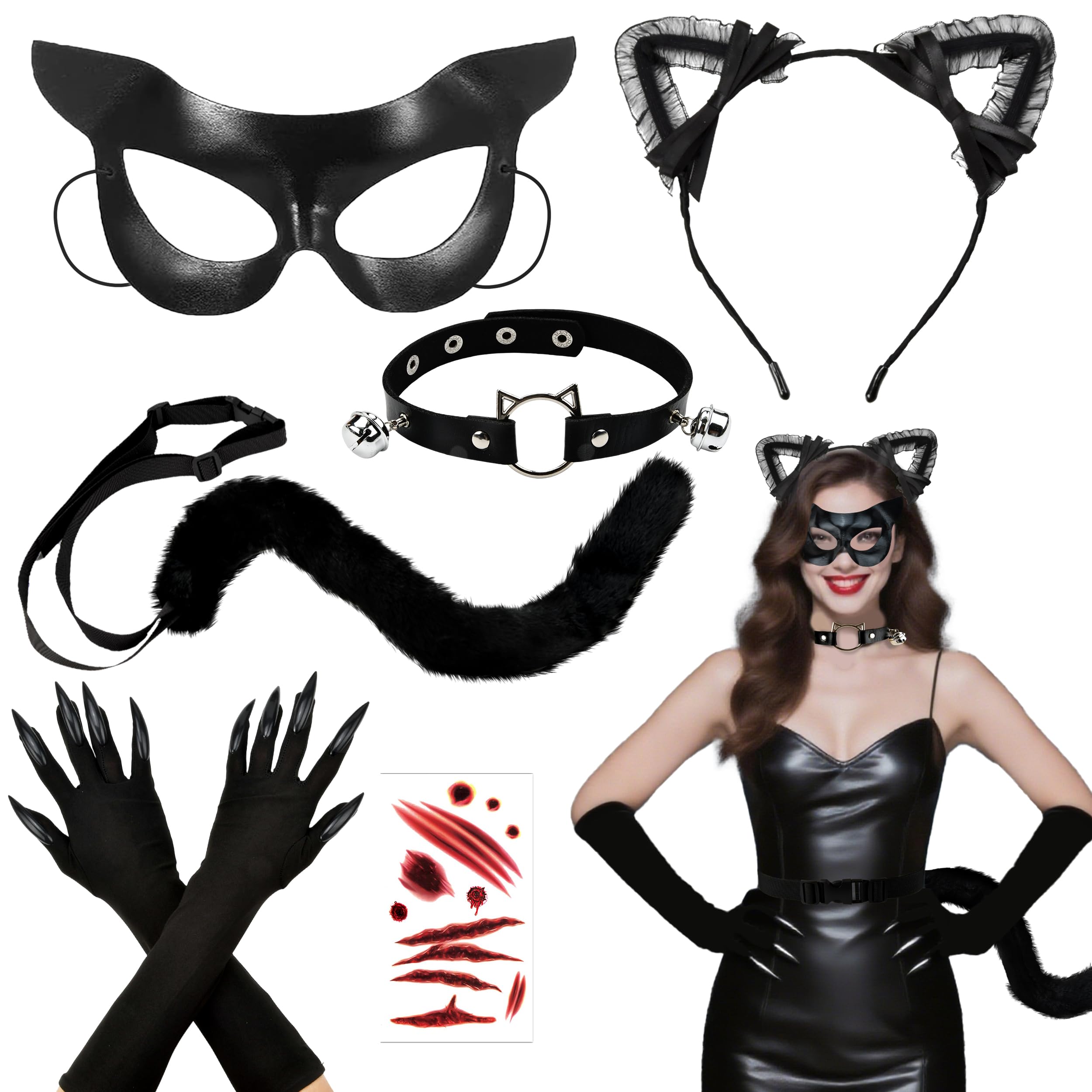 Abitoncc 7PCS Halloween Black Cat Costume for Women with Mask, Lace Headband, Tail, Gloves, Cat Costume for Woman Cat Fancy Dress Adult Women