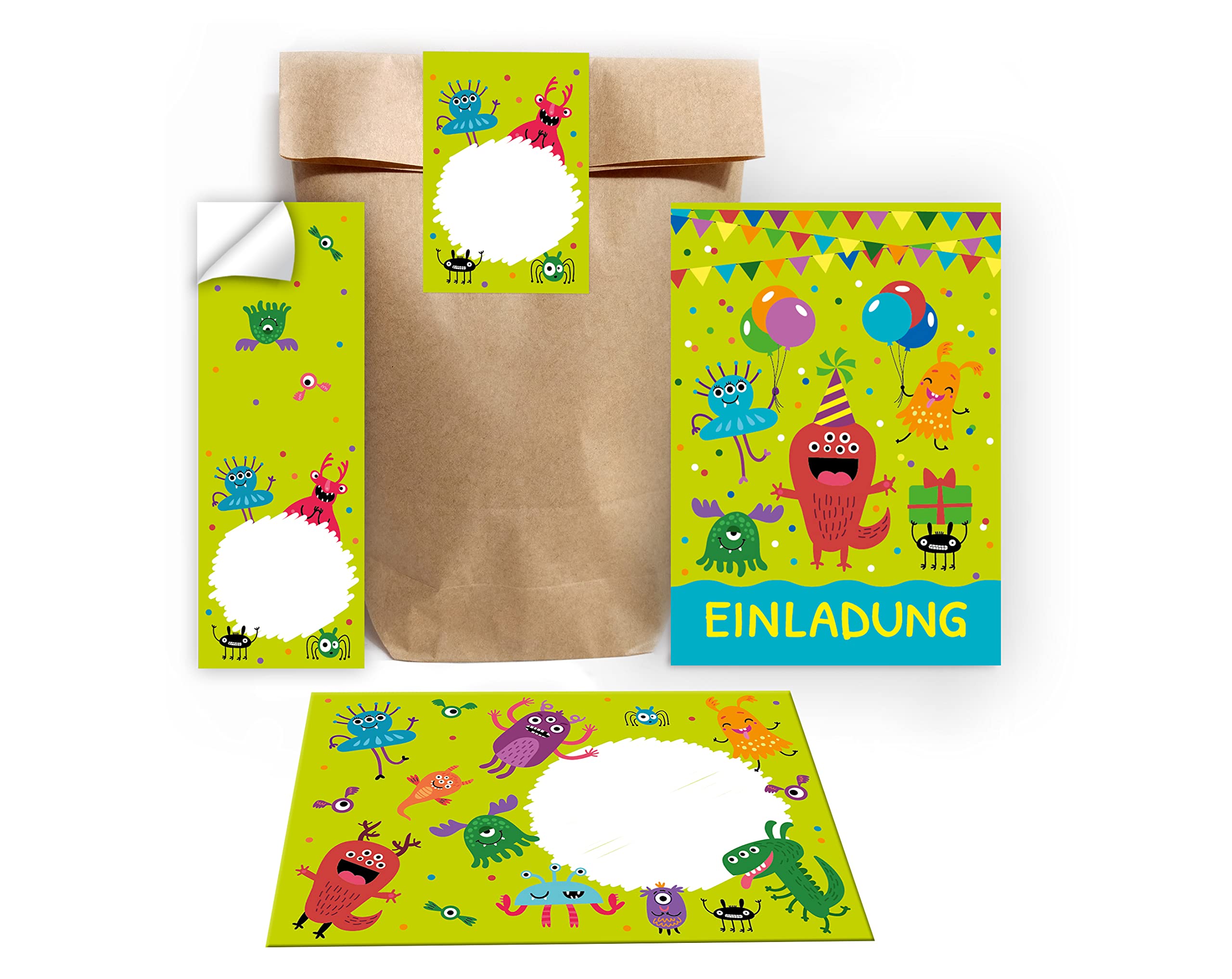 12 Invitation Cards for Children's Birthday Party Boys Girls Monster Including 12 Envelopes 12 Bags Natural 12 Stickers