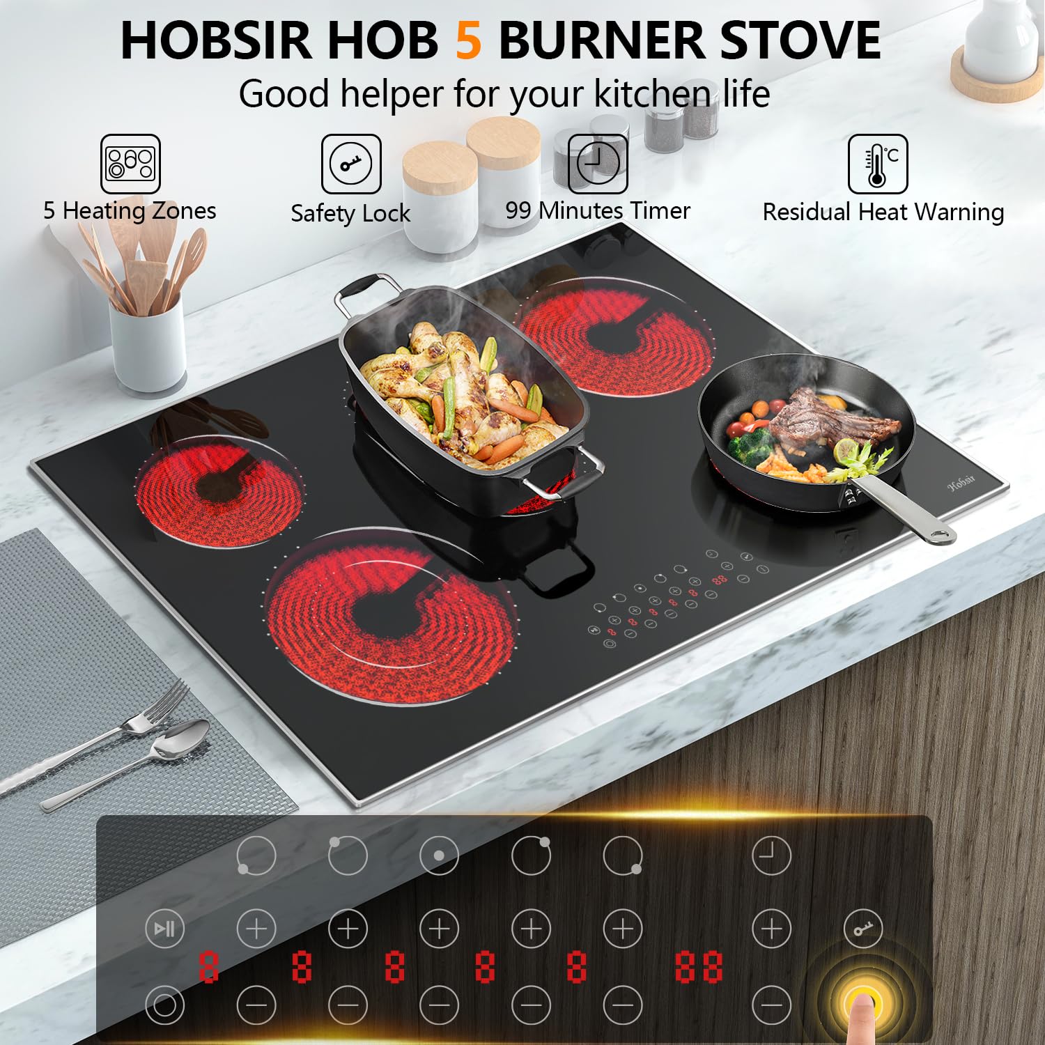 Hobsir 30 Inch Electric Cooktop, 5 Burners Cooktop, Electric Stove Top Burner, 8400W Drop-in Ceramic Stove Cooktops with Glass Metal Frame, Timer, Safety Lock, 220-240V, Hard Wired (No Plug) Cooktops