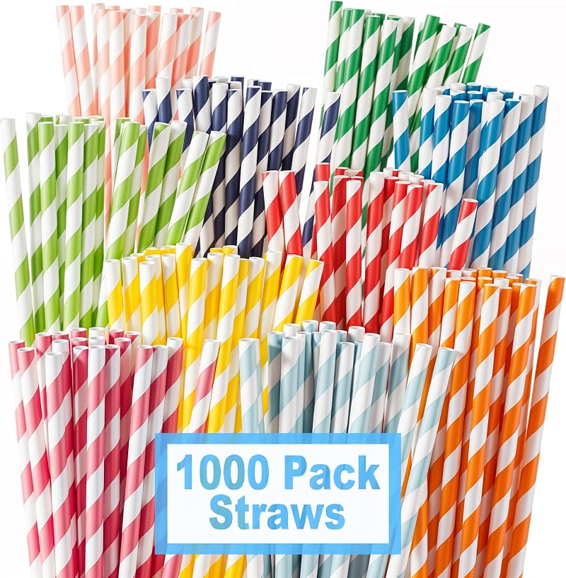 Drive Pro 1000Pcs Multicolor Striped Paper Straws Biodegradable 7.87in