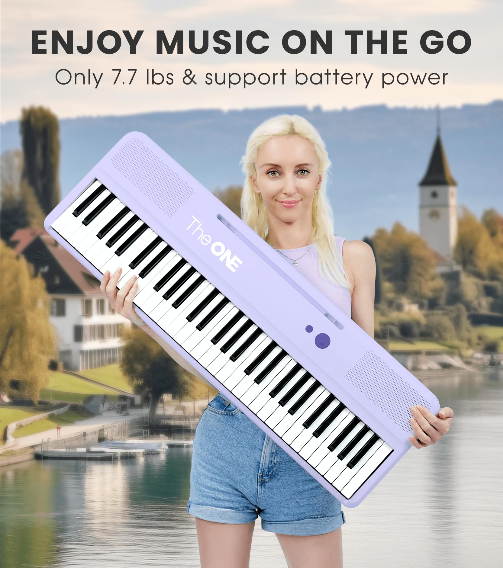 The ONE Smart Keyboard COLOR Teclado de piano con 61 teclas iluminadas, piano eléctrico para principiantes con 256 tonos, 64 polifonía, luces LED integradas y aplicaciones, compatible con USB MIDI/auriculares (púrpura)