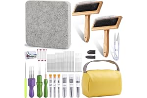 kdafio 74 Needle Felting Tools, Needle Felting Kit with Hand Carders Wooden Wool Carders Needle Felting with Needle Leather Finger Protector for DIY Felting Wool Projects