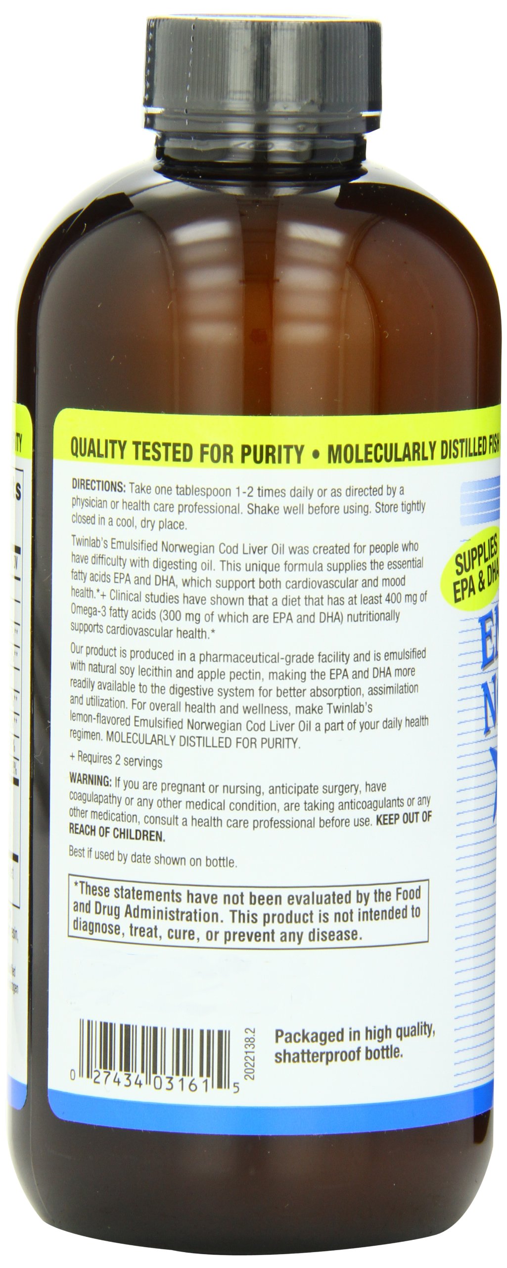 Twinlab Emulsified Norwegian Cod Liver Oil, Lemon, 12 Ounce (Pack Of 2