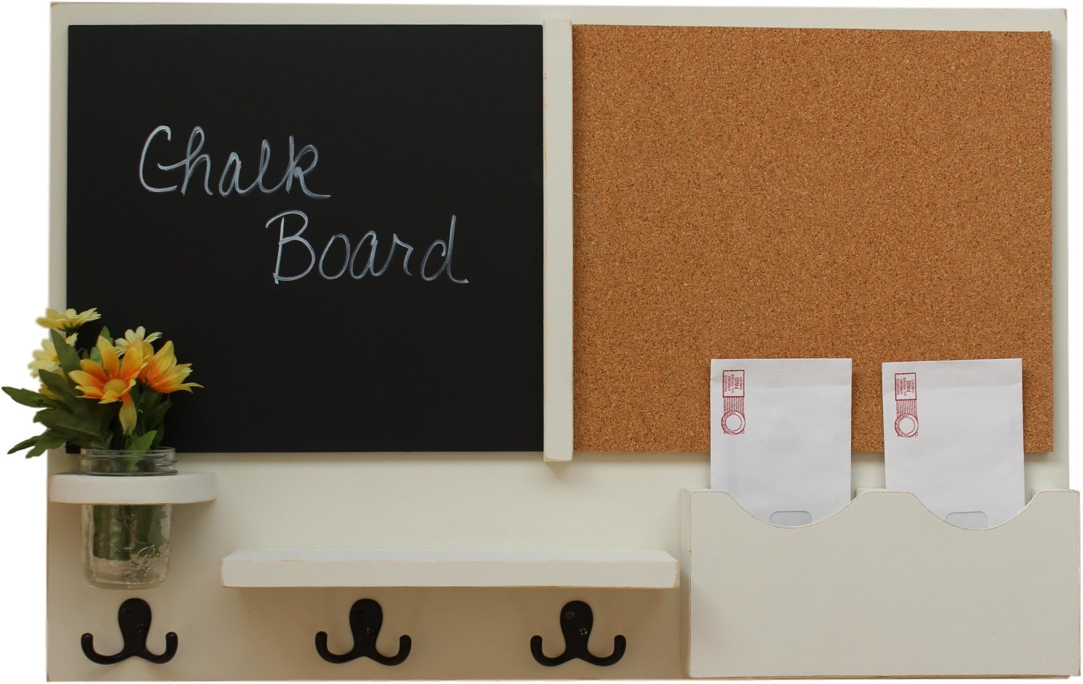 Legacy Studio Decor Message Center with Chalkboard & Cork Letter Holder Coat Rack Key Hooks (Distressed, Off White)