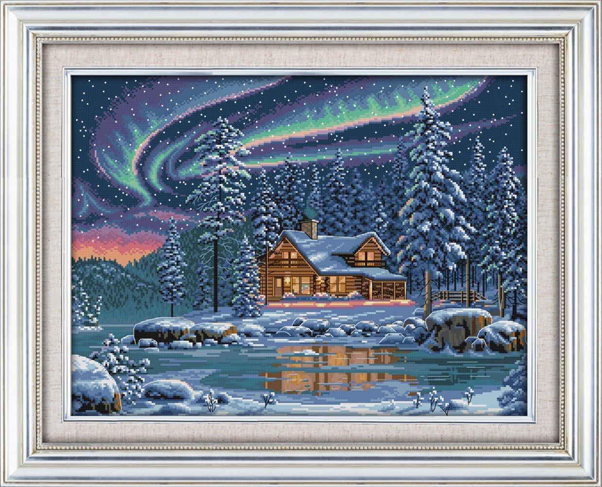 YEESAM Art Unstamped Cross Stitch Kits for Adults, Aurora Borealis 14ct Counted Unprinted Embroidery Kit Needlework Wall Art Decor