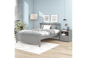 AOCOROE Bedroom Furniture Set with 1 Full Beds Frame & 1 Nightstand, for Boys Girls, Kids Full Beds Platform Bed Frame with Headboard & Footboard, Nightstand with 2 Open Shelves & Storage Drawer, Gray