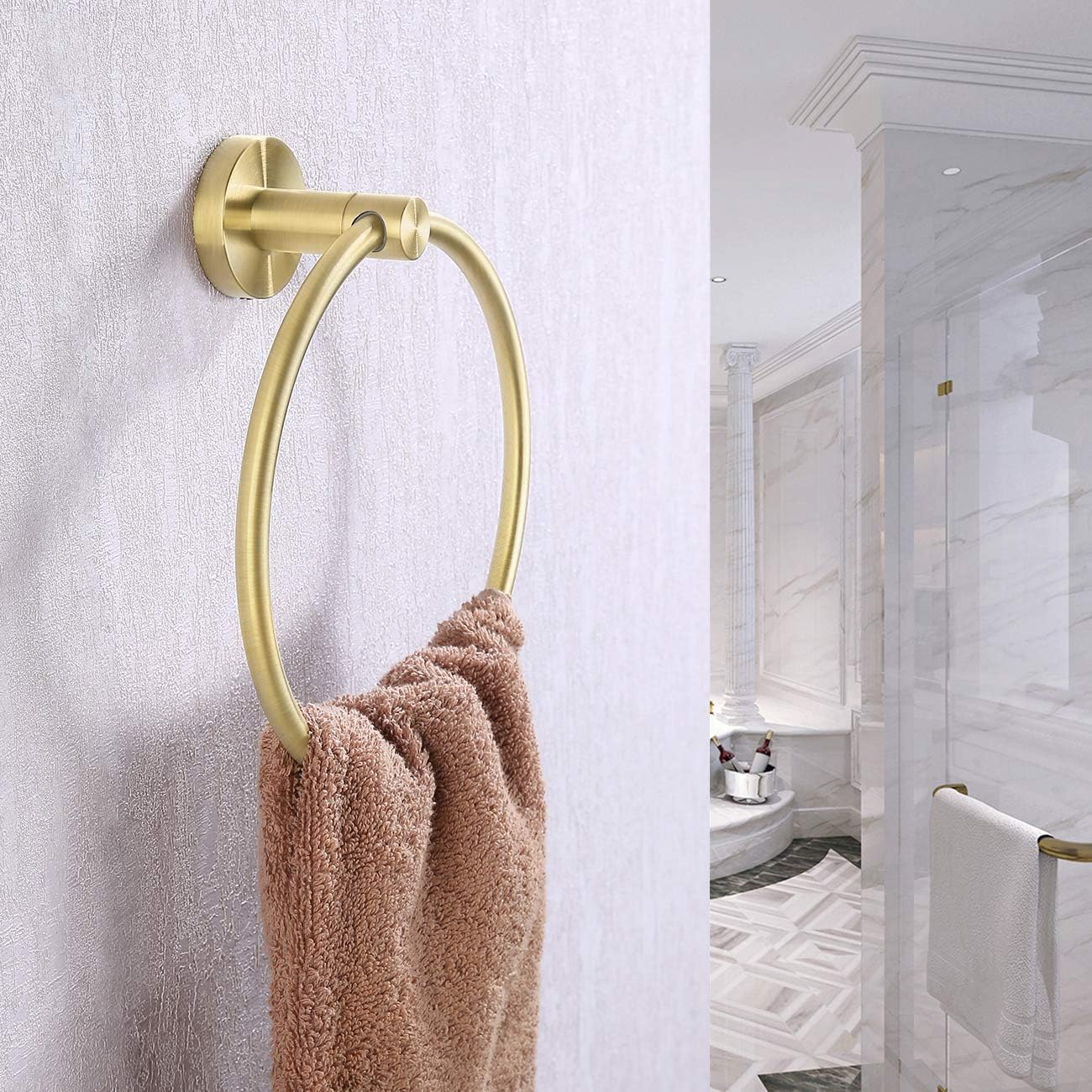KES Brushed Gold Towel Ring Bathroom Hand Towel Holder Round No Drill Wall Mount SUS 304 Stainless Steel Brushed Brass Finish, A2180DG-BZ - - 