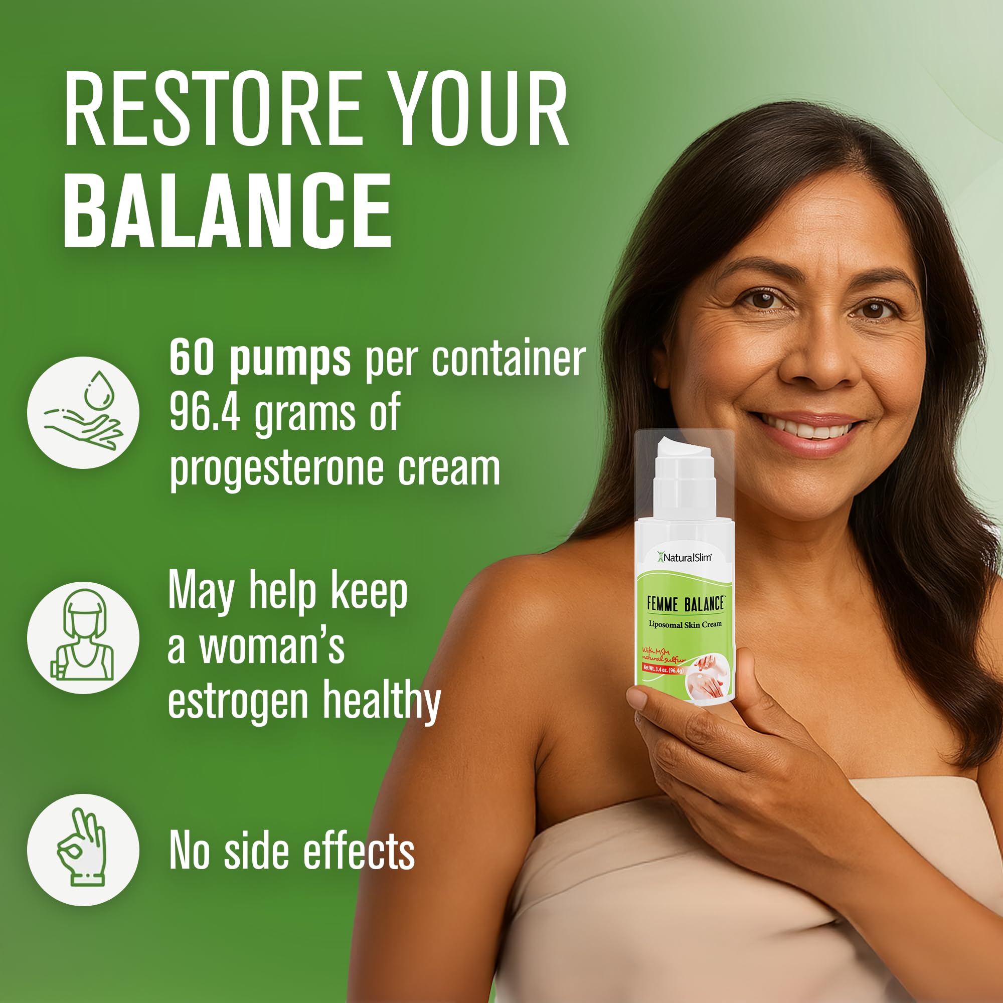NaturalSlim Femme Balance - Progesterone Cream for Women - Natural Hormonal Balance & Menopause Support Creams for Women's Health - Liposomal Skin Cream - 60 Pumps 3.4 oz