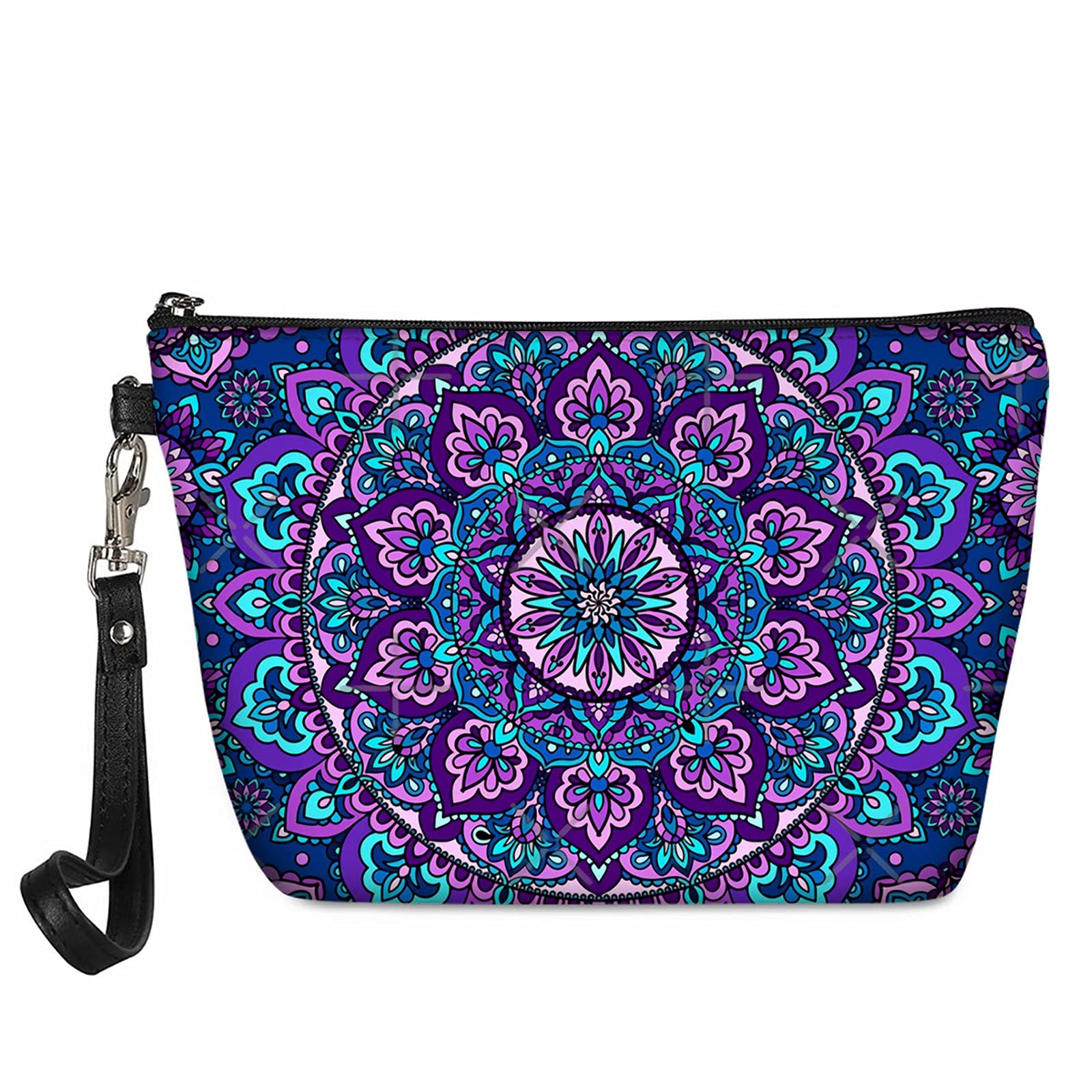 NETILGEN Boho Mandala Lotus Makeup Bag PU Leather Costmetic Bags Train Case Pouch Purse Toiletries Jewelry Organizer for Women Ladies,Purple Flowers