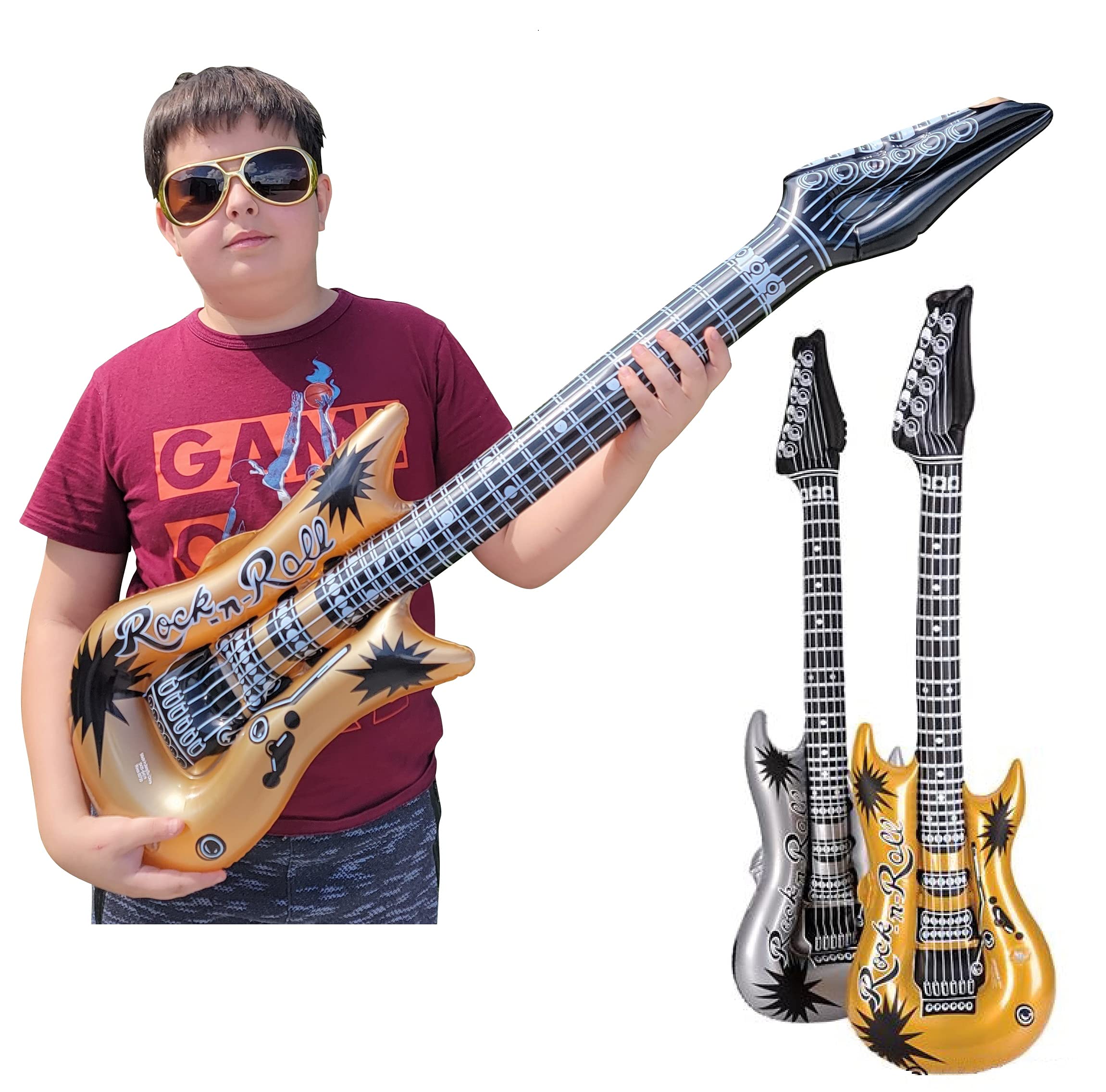 Photo 1 of Zugar Land Rock Inflatable Guitar (42 Inches) Vinyl. Perfect Party Favor, DJ Dance 80s Rocker (Gold and Silver (2 Pack)), Multi, 42 Inch