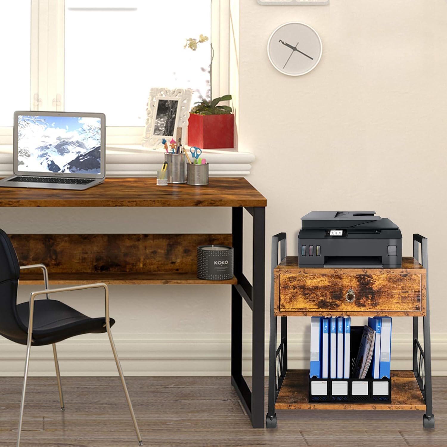 Lavievert File Cabinet with Drawer, Mobile Filing Cabinet Printer Stand with Open Storage Shelves, Printer Table Cart with Wheel for Home Office - Rustic Brown: Home Improvement