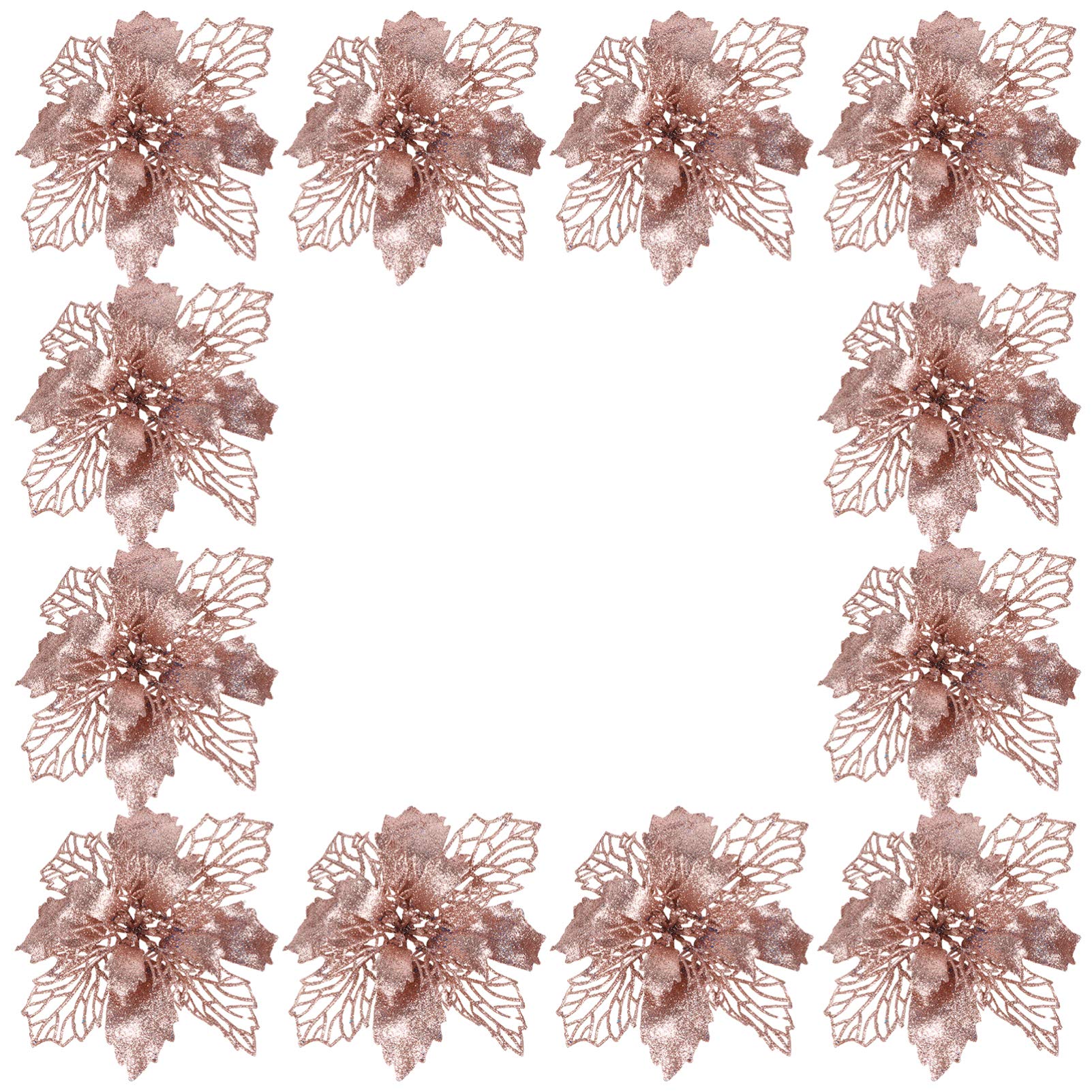 NUOBESTY 12pcs Rose Gold Glitter Poinsettia Artificial Christmas Hollow Simulation Tree Decoration Xmas Holiday Party Wreath Garland Bunting Decorations