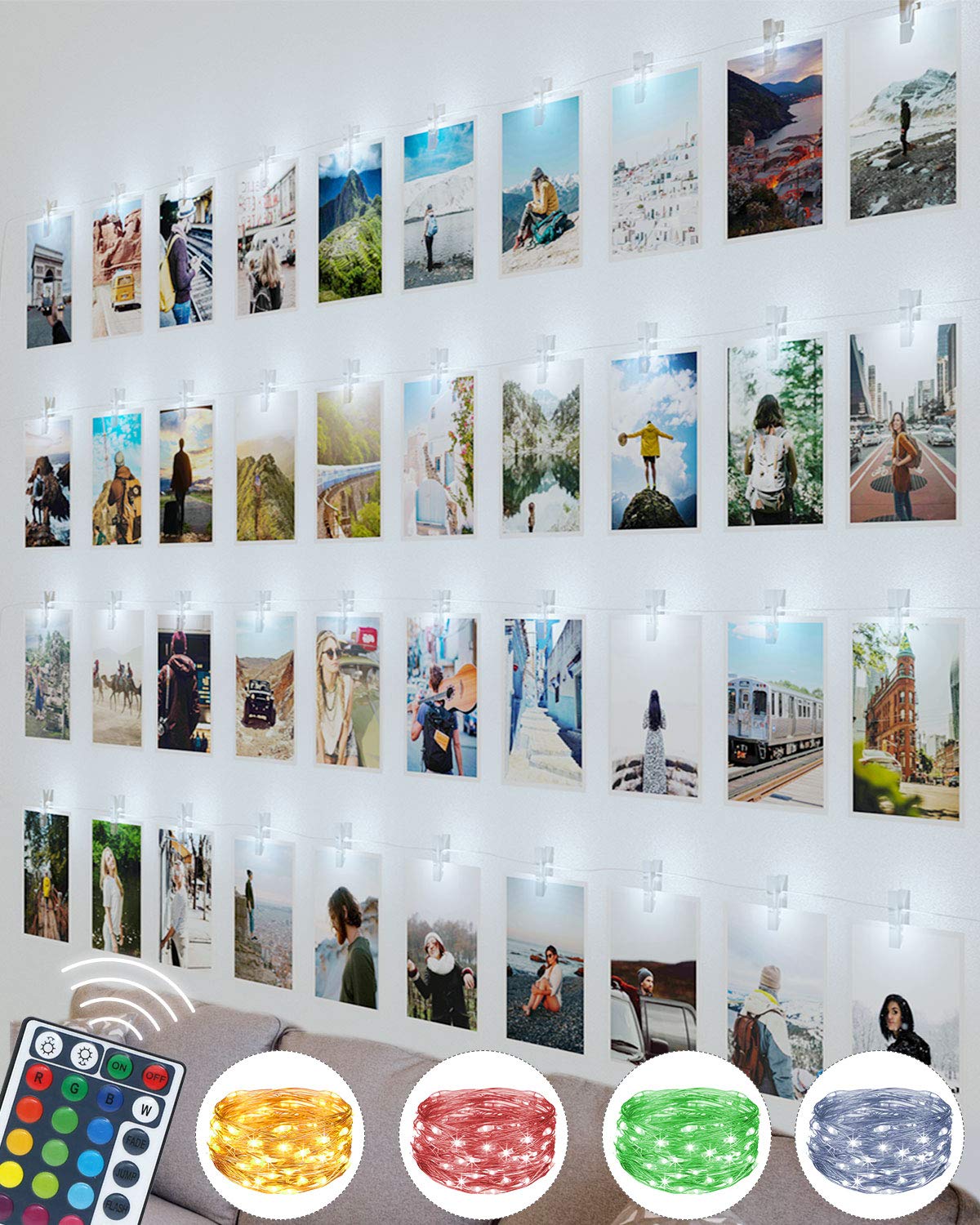 litogo 100LED Dimmable Photo Clip String Lights with Remote, 10M Waterproof Photo Peg Fairy Lights with 60 Clips Battery Powered Cooper Wire Hanging String Photo Frames for Bedroom Wedding Party Xmas