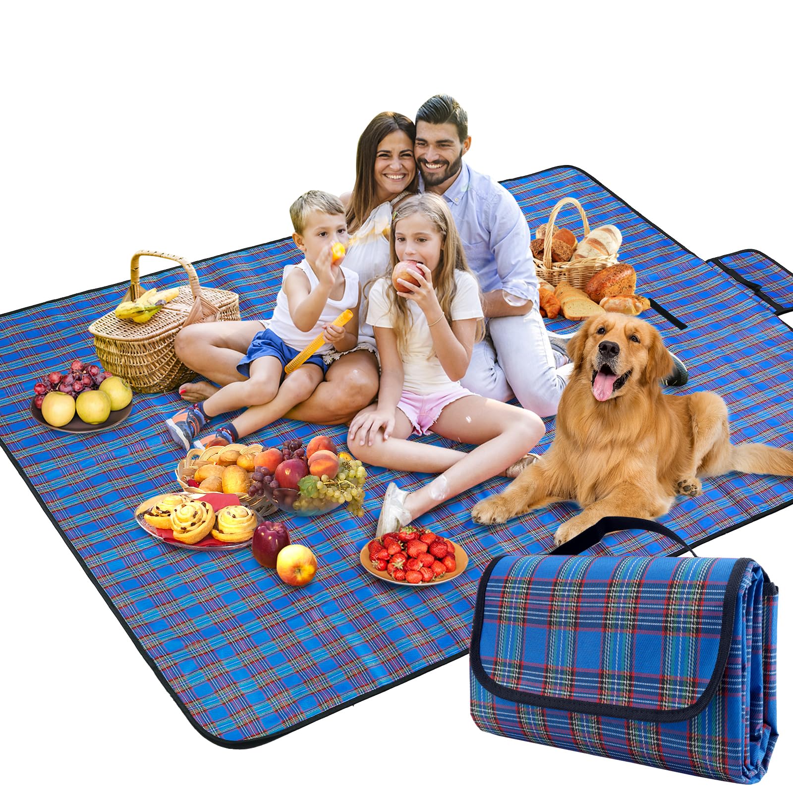 SOMIYAMI Tartan Picnic Blanket Waterproof, Garden Outdoor Camping Blanket, Beach Picnic Mat With Carrying Handle, Washable Multipurpose 150 x 200cm 150 x 200cm (Blue)