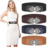 LEACOOLKEY 4 Pack Women Wide Elastic Waist Belt for Dress Plus Size Vintage Stretch Belt Retro Buckle 2.36" Width