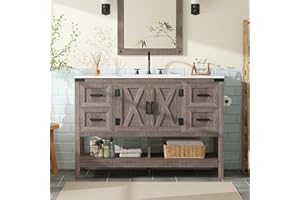Jocisland 48” Farmhouse Bathroom Vanity with Sink, Freestanding Cabinet with 4 Drawers, Double Barn Doors & Open Shelf, Rusti