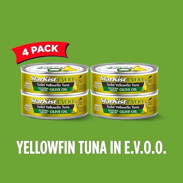 STARKIST E.V.O.O. SOLID YELLOWFIN TUNA IN EXTRA VIRGIN OLIVE OIL, 4.5 OZ (4 PACK) CANNED TUNA FISH, WILD CAUGHT, GLUTEN FREE, READY TO EAT, PERFECT FOR SALADS, KETO MEALS AND SNACKS