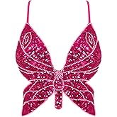 Mocure Womens Glitter Sequin Butterfly Crop Top Low-Cut Tank Top Rave Tube Vest Top for Belly Dance Costume Outfits