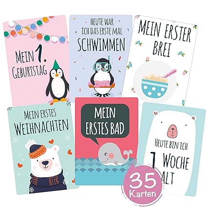 35 Baby Meilenstein-Karten mit hochwertiger Verpackung von Cozy Racoon (Sprache Deutsch) - Meilensteinkarten (für Junge und M