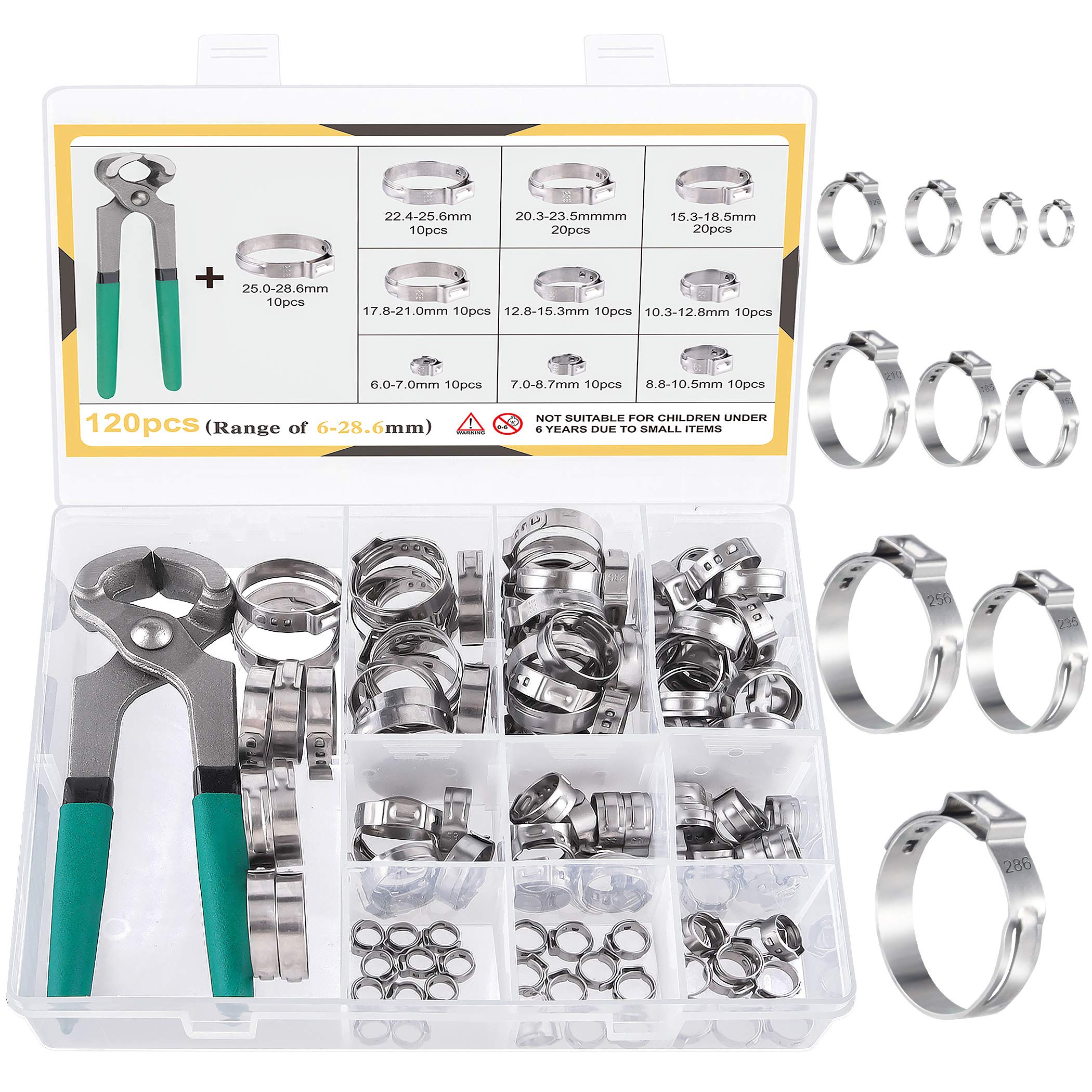 MIAHART 120Pcs Stainless Steel Single Ear Hose Clamps with Ear Clamp Pincer 10 Sizes 304 Stepless Crimp Clamp for Securing PEX Tubing Pipe Hoses and Automotive Use with Storage Box,1/4 inch-1 1/8 inch