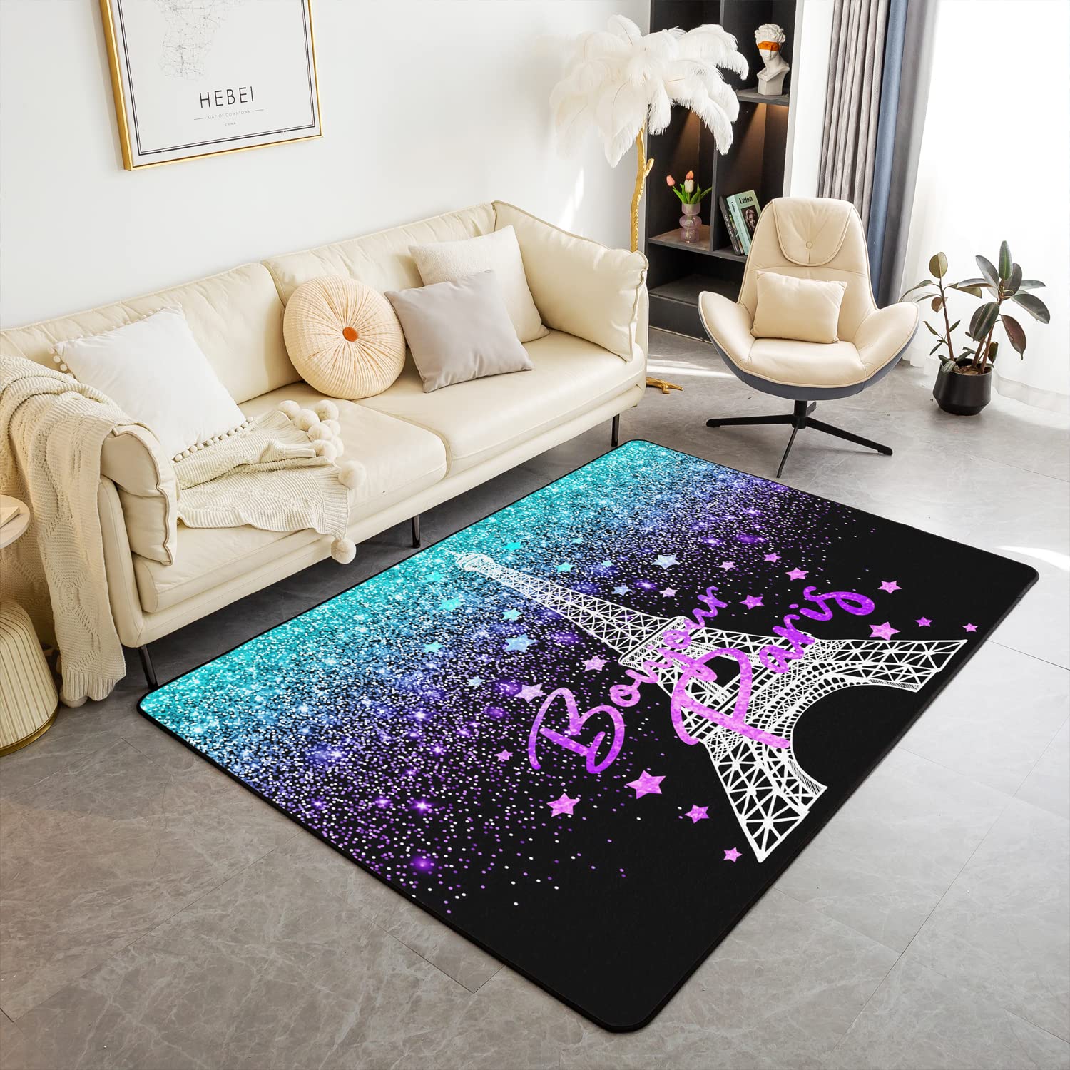 Loussiesd Eiffel Tower Area Rug 150x200cm Glitter Blue Purple Paris Living Room Rugs for Bedroom Home Decor Paris Decor Carpet Ultra Soft Non-Slip Indoor Floor Mat — image 1