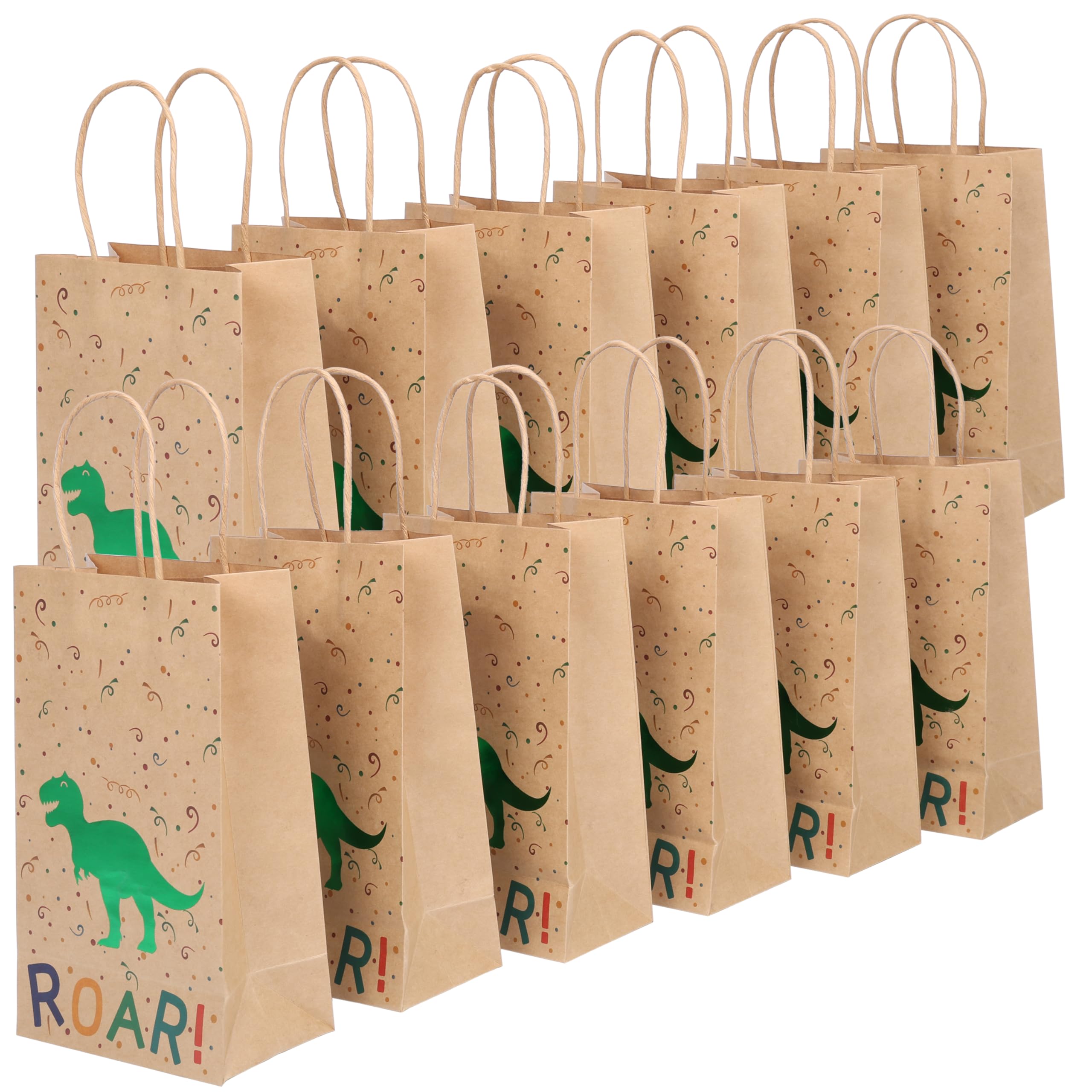 BELLE VOUS 24 Pack Paper Dinosaur Birthday Party Bags with Handle - Kids Dino Themed Pattern Party Favour, Goodie, Gift, Candy & Treat Loot Bag - Boys & Girls Baby Shower & Children Party Supplies