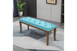 MFSTUDIO 44" Vintage Tufted Entryway Bench, Extra Large Memory Foam Upholstered Wood Ottoman Bench Dining Bench, Rectangle Tufted Fabric Bench for Living Room Hallway, Light Blue Cushion