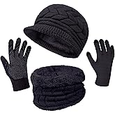 3-Pieces Winter Hat Gloves Scarf Set, Knit Warm Beanie Hat Neck Warmer Touch Screen Mittens for Women