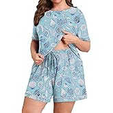 Lastshe Women Plus Size Pajama Sets Knit Soft 2 Piece Short Sleeve Shorts with Pockets Pjs Lounge Set Loungewear
