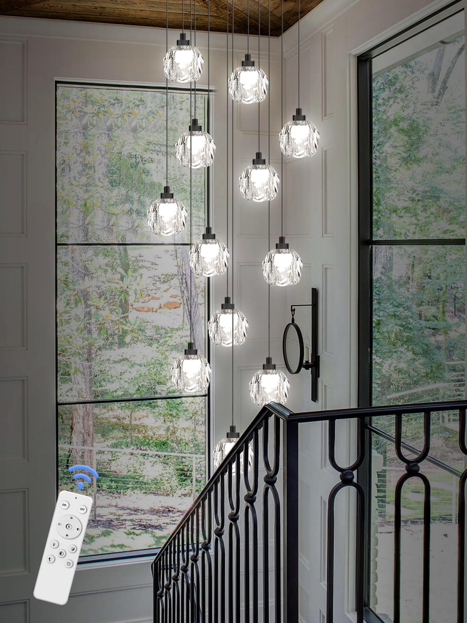 View 1 of IDEQUY H10ft Modern Crystal Ball Chandelier 12-Light Black Chandeliers for Foyer Entrance Dimmable Crystal Chandeliers for High Ceiling