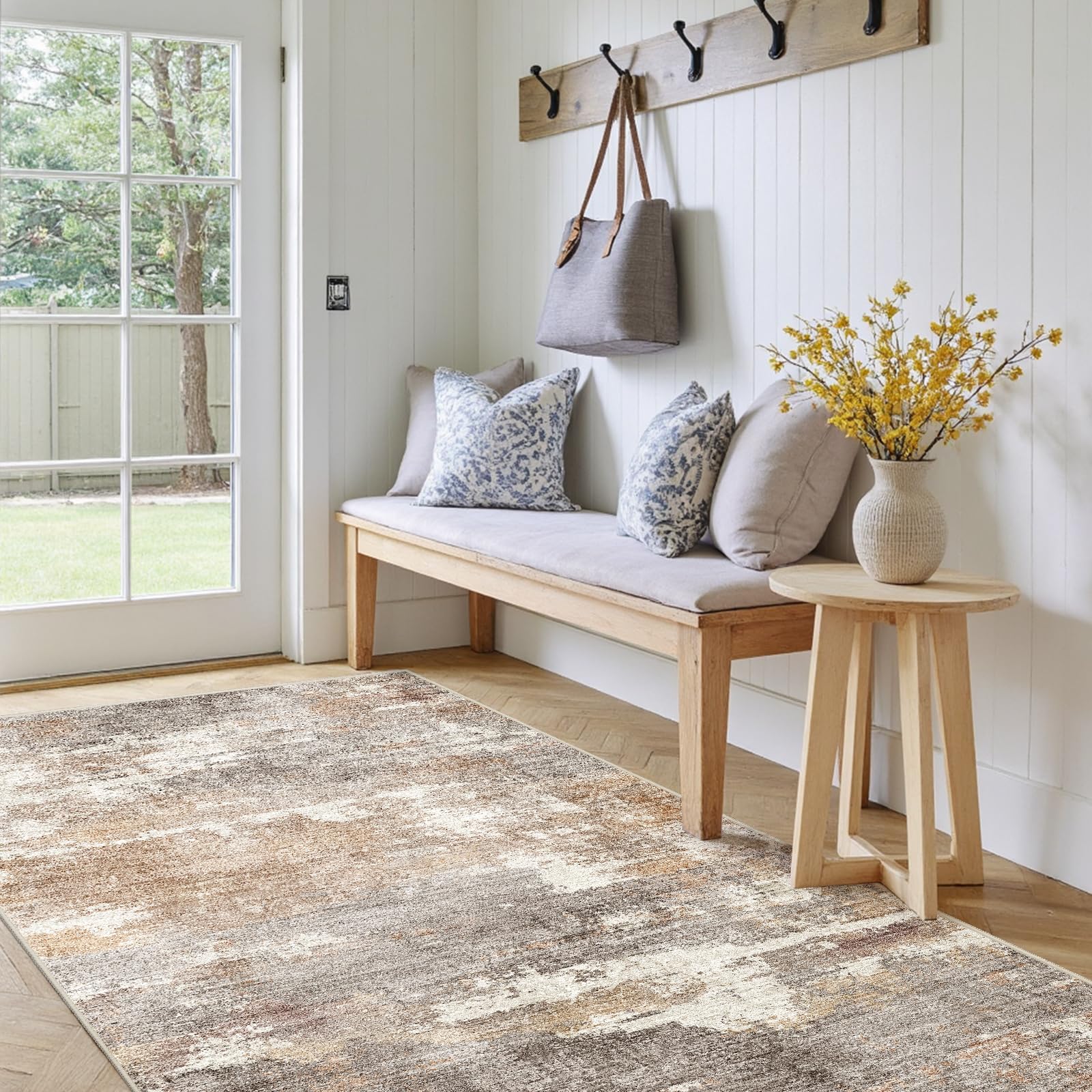 3x5 Washable Entryway Area Rug: Modern Abstract Small Runner Rug Indoor Soft Non Slip Rug for Living Room Low Pile Thin Floor Carpet for Kitchen Dining Room Bedroom Home Office Decor(3x5,Brown/Brick) Image