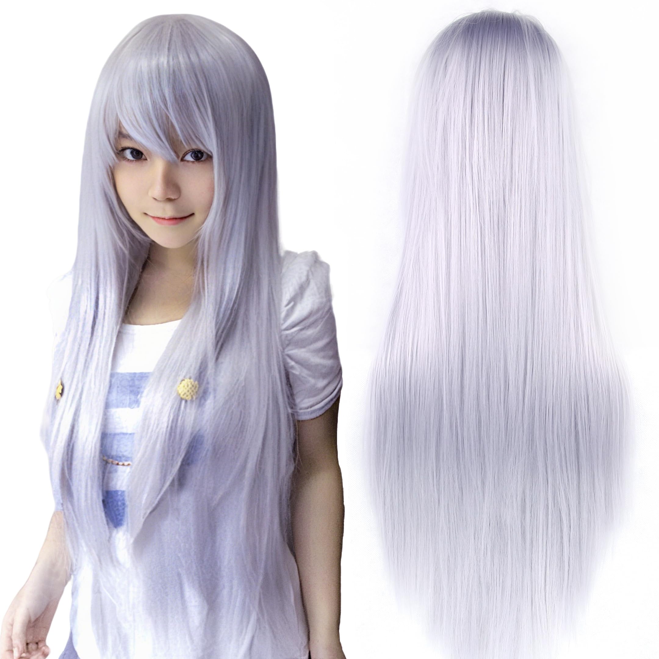 IMISSU 80cm Long Straight Natural Hair Cosplay Wigs with Bangs Colorful Halloween Costume Party Wig (Sliver Grey)