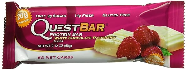 QUEST NUTRITION PROTEIN BAR, WHITE CHOCOLATE RASPBERRY, 20G PROTEIN, 5G NET CARBS, 200 CALS, 2.1OZ BAR, 1 COUNT, HIGH PROTEIN, LOW CARB, GLUTEN FREE, SOY FREE