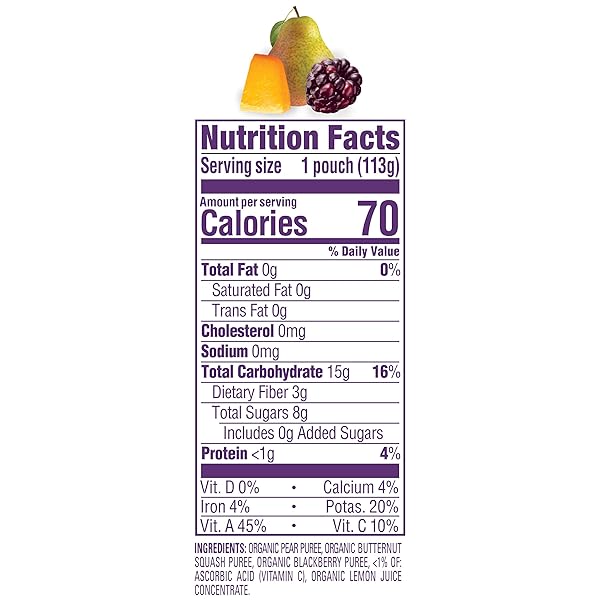 HAPPY BABY ORGANICS STAGE 2 BABY FOOD POUCHES, GLUTEN FREE, VEGAN & HEALTHY SNACK, CLEARLY CRAFTED FRUIT & VEGGIE PUREE, PEAR SQUASH & BLACKBERRIES, 4 OUNCES (PACK OF 1)