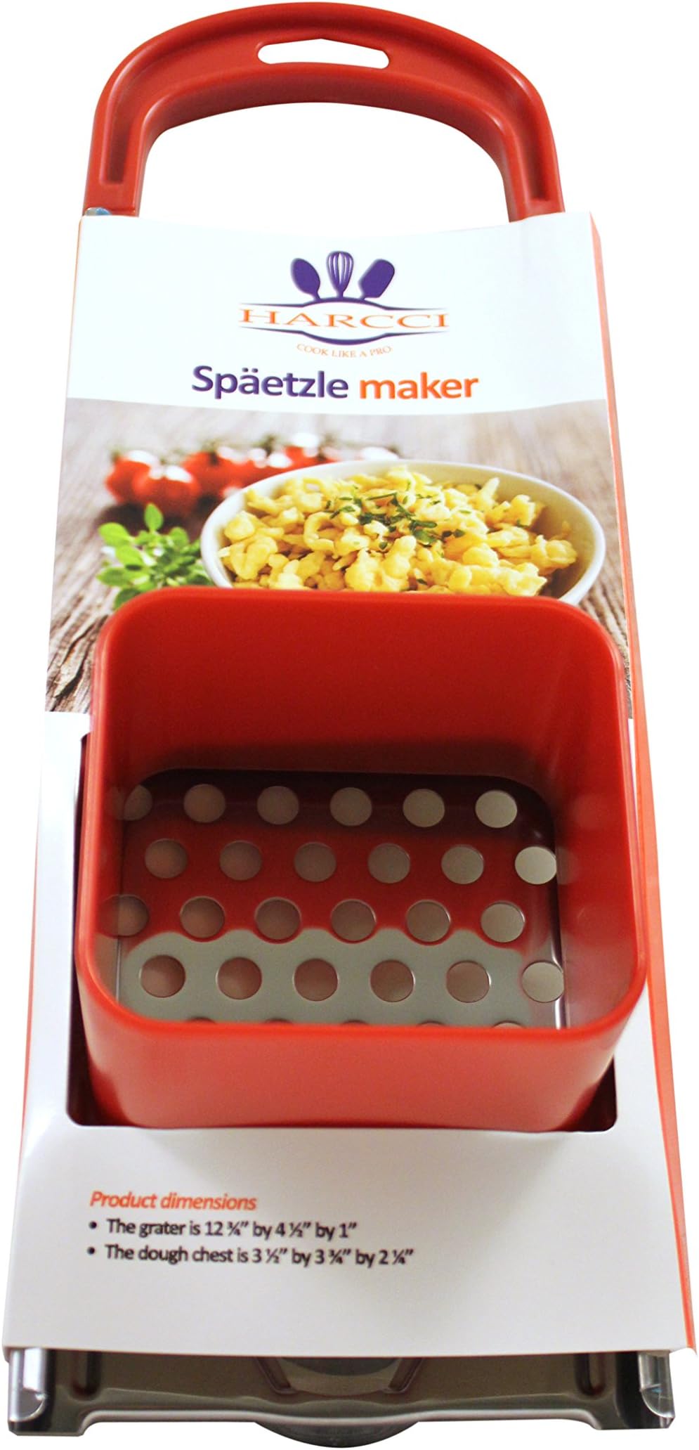 Spaetzle Maker By HARCCI : Homemade German Noodle Dumpling Making Tool With Safety Pusher And A Comfortable Handle – Stainless Steel And Food Grade Plastic In 5 Fun Colors (red)