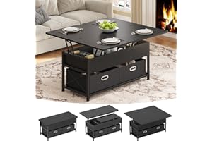 UPOSOJA Lift Top Coffee Table, 4 in 1 Multi-Function Dining Table with Hidden Compartment and 2 Drawers, Convertible Square Center Table for Living Room Reception Home Office(Black)