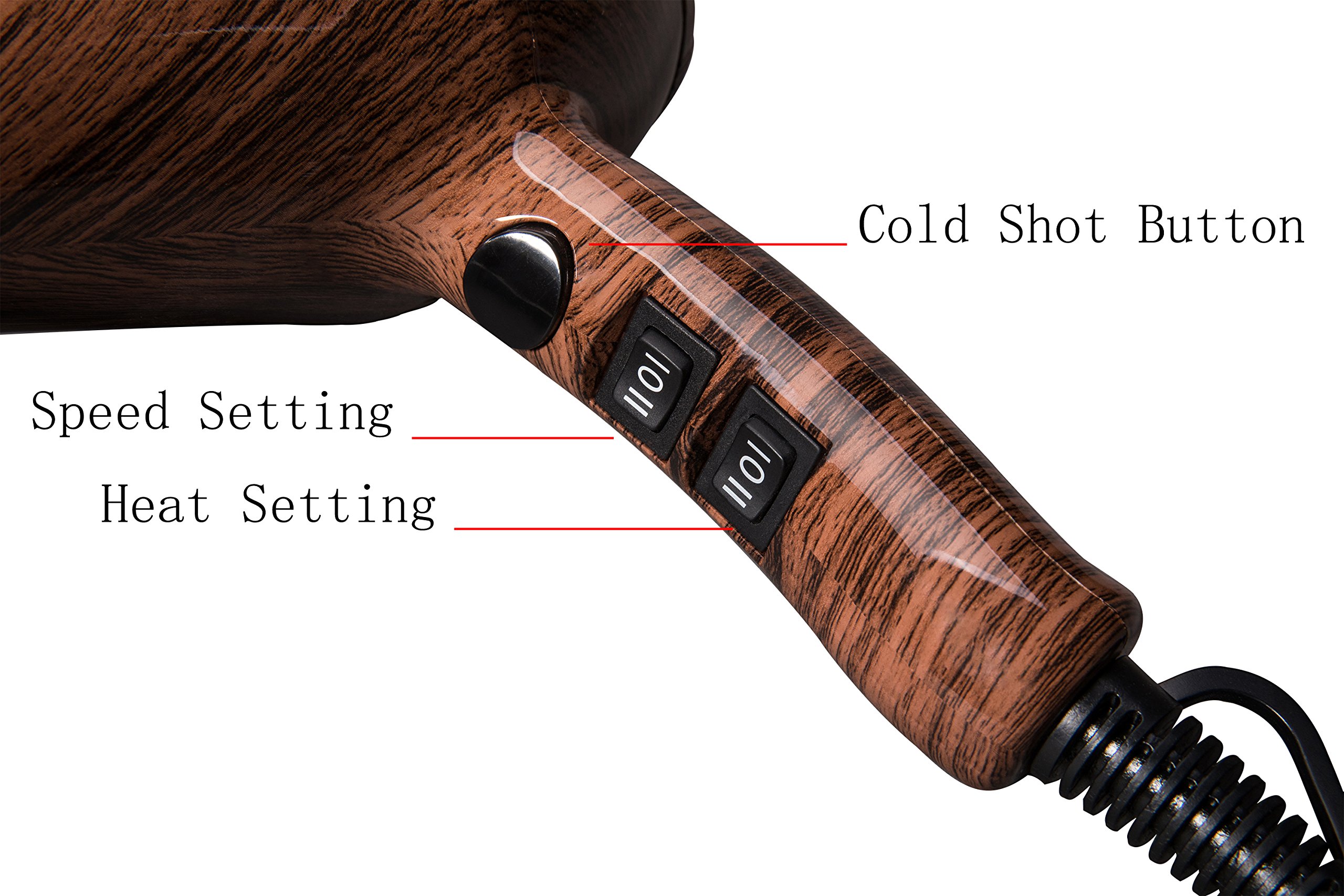 PLEXTONE 1875W Quick Dry Lightweight Professional Ceramic Hair Dryer Multifunctional Settings and ETL Certified Plug Cold Shot Button(some have) 2 Speeds 3 Heat Settings Concentrator Diffuser (Wooden)