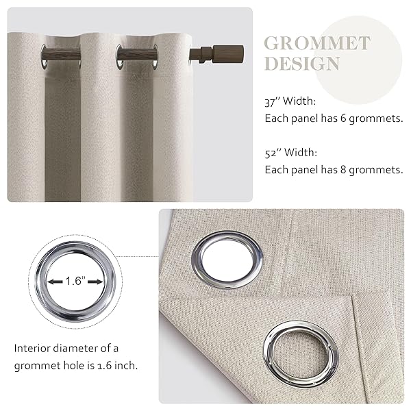 LCOOMZEN 100% BLACKOUT NATURAL LINEN CURTAINS 84 INCH LENGTH 2 PANELS SET FOR BEDROOM, NOISE REDUCING THERMAL INSULATED LIGHTWEIGHT COMPLETELY BLACKOUT GROMMET DRAPES, NATURAL, W52 X L84, 2 PANELS