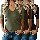 Ficerd 3 Pack Women's Half Sleeve V Neck T Shirts, Mid Elbow Length Sleeve Shirt Slim Fit Tunic Top Casual Summer Tee