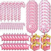 Glimin 50 Pieces Large Christmas Candy Cane Foil Balloons Pink and White Peppermint Xmas Balloons Star Gift Box Candies Theme Decoration for Christmas Birthday Party Supplies