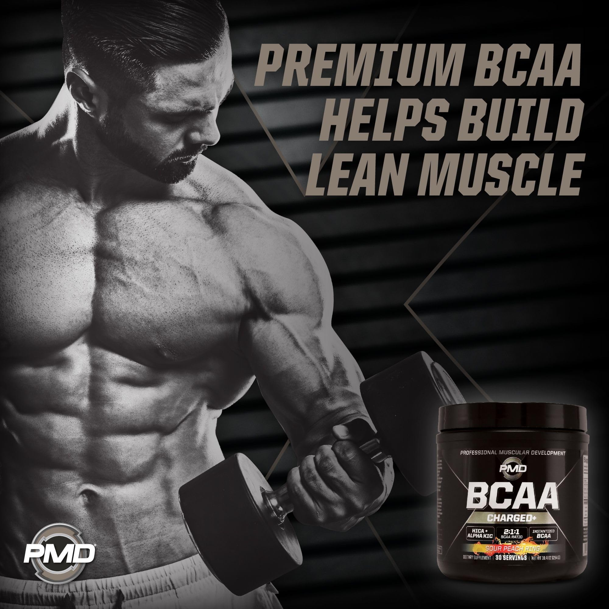PMD Sports BCAA Charged Delicious Amino Acid Drink Mix for Performance and Recovery - Increase Muscle Function for Workout and Daily Energy - Sour Peach Ring (30 Servings)