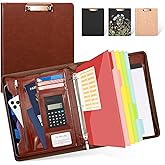 Ospelelf 3 Ring Binder Portfolio Folder with Zipper- Leather Padfolio with Clipboard Storage- Calculator, 12.1” Tablet Sleeve, 5 Dividers with Pocket, Refillable Notepad, Card Slot (Red Brown)