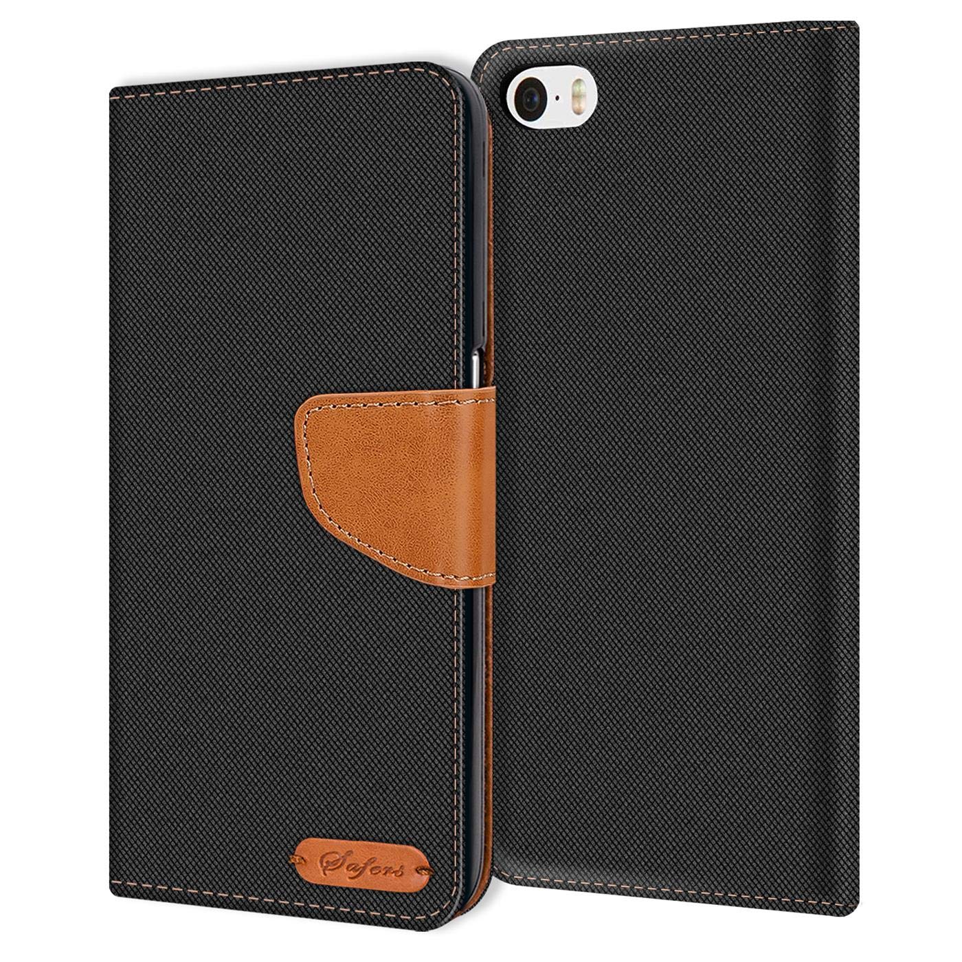Verco Phone Wallet Case compatible with the iPhone SE, Canvas Faux Leather Book Cover for the Apple iPhone 5S Flip Case Bag Hinged - Black